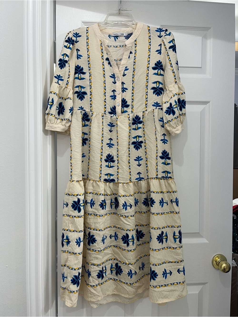 Cream Midi Dress with Blue Floral Design by Figueroa & Flower.